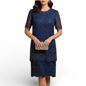 JKARA Navy 100% Silk Chiffon Beaded Sequins Scallop Sleeve And Layered Gown